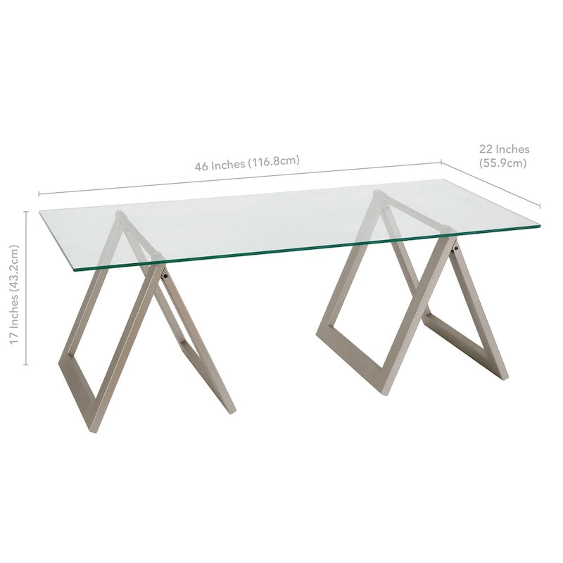 Moderne rechthoekige salontafel van gehard glas met stalen schragenpoten