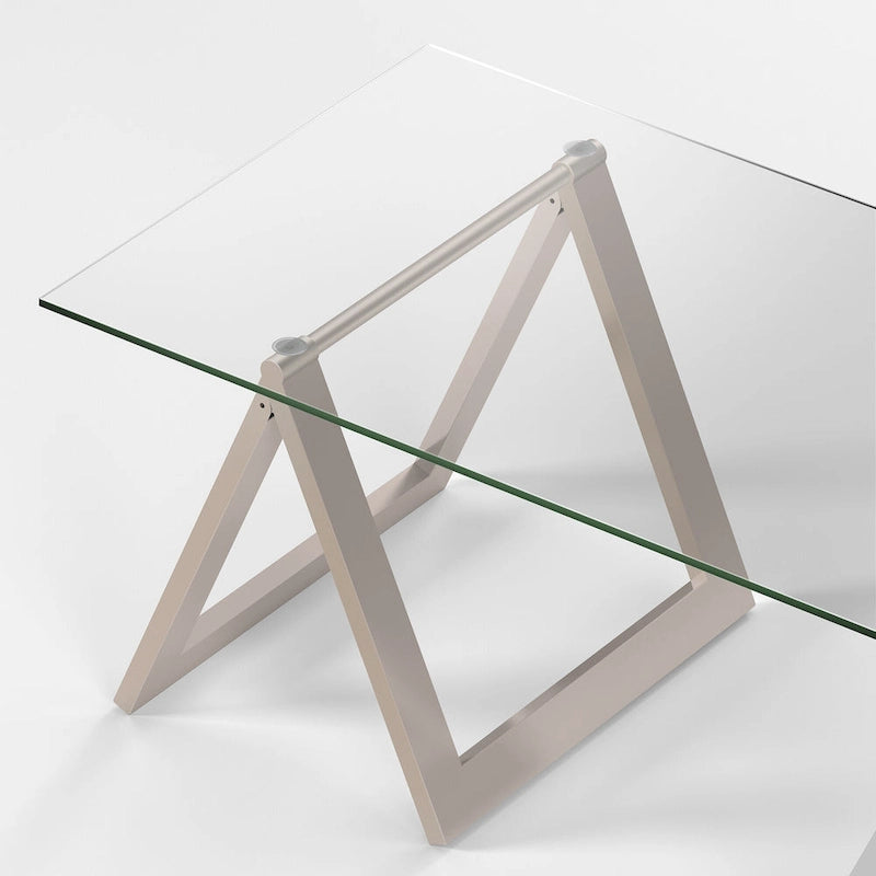 Moderne rechthoekige salontafel van gehard glas met stalen schragenpoten