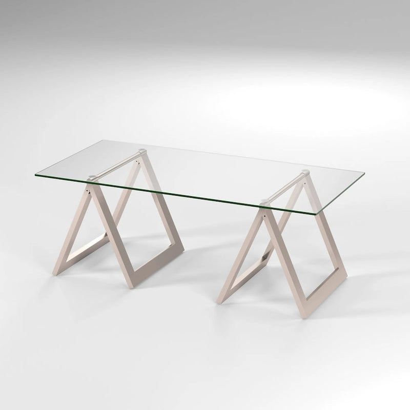 Moderne rechthoekige salontafel van gehard glas met stalen schragenpoten