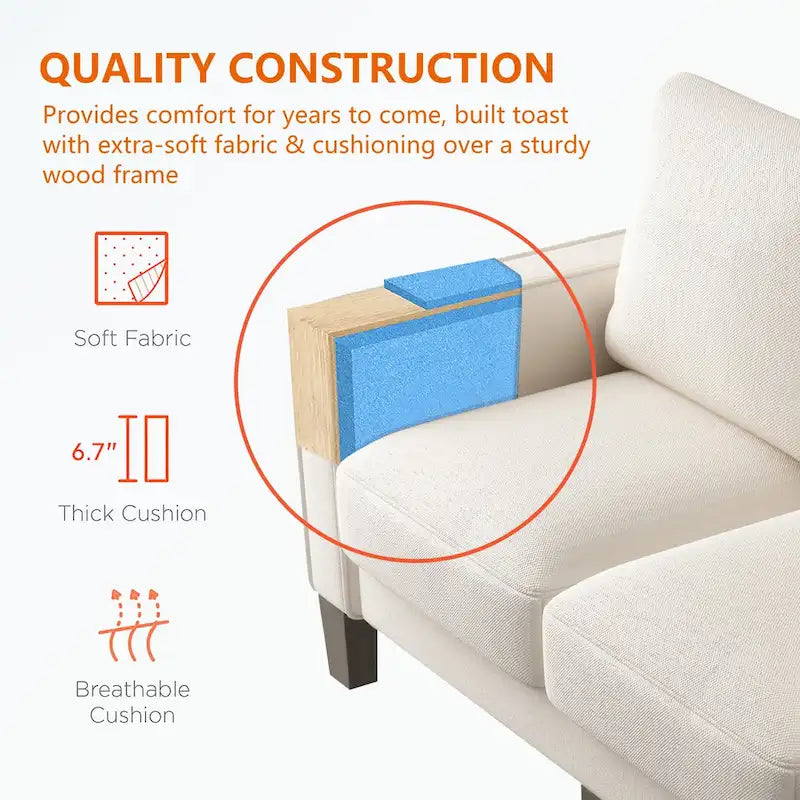 Canapé moderne en tissu trois places avec accoudoirs carrés et rangement sous l’assise