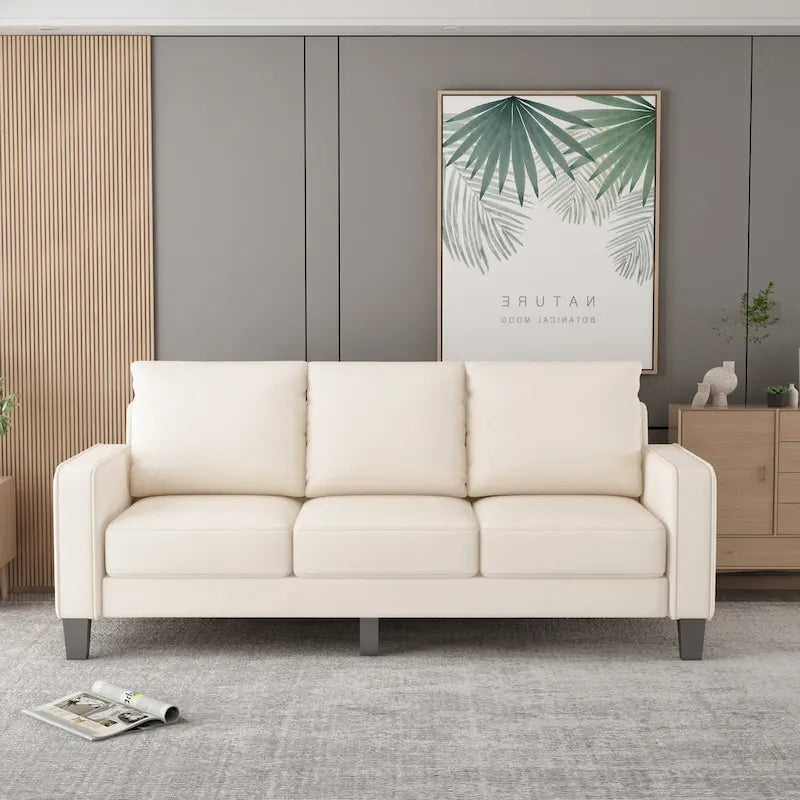 Canapé moderne en tissu trois places avec accoudoirs carrés et rangement sous l’assise