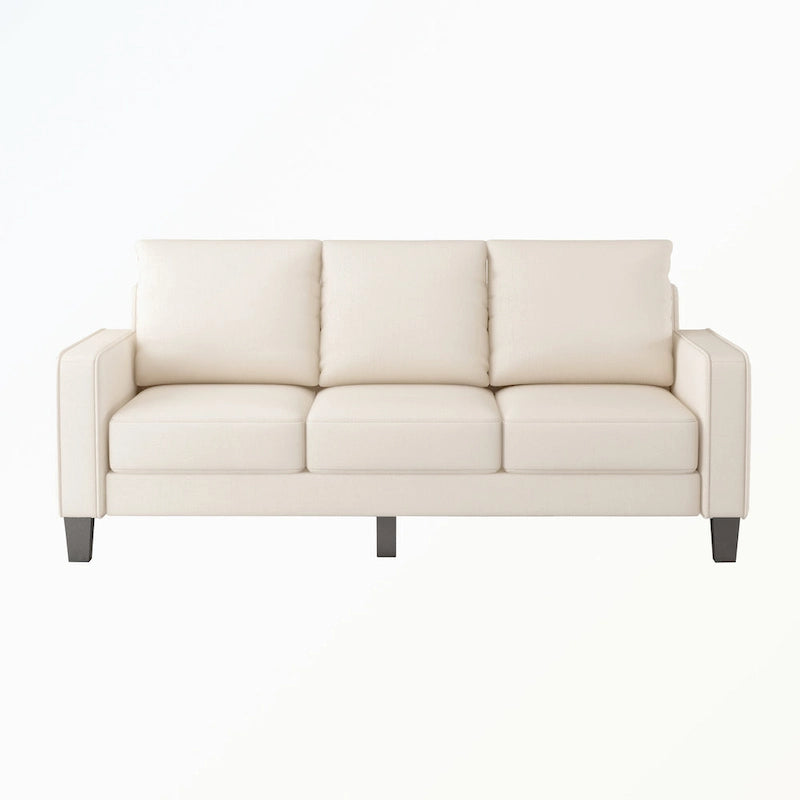 Canapé moderne en tissu trois places avec accoudoirs carrés et rangement sous l’assise