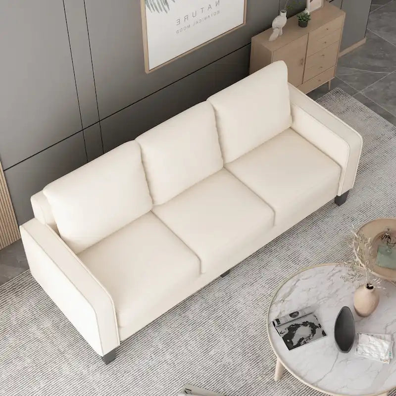 Canapé moderne en tissu trois places avec accoudoirs carrés et rangement sous l’assise