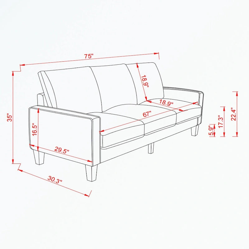 Canapé moderne en tissu trois places avec accoudoirs carrés et rangement sous l’assise