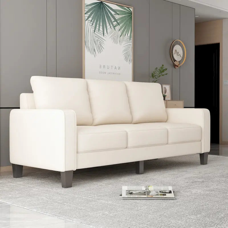 Canapé moderne en tissu trois places avec accoudoirs carrés et rangement sous l’assise