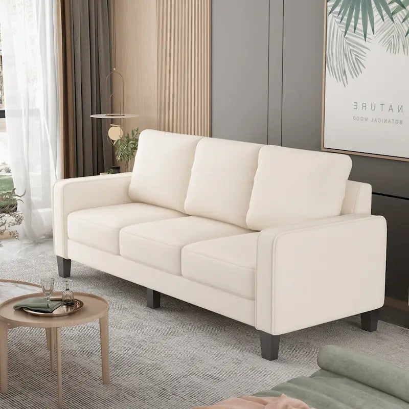 Canapé moderne en tissu trois places avec accoudoirs carrés et rangement sous l’assise