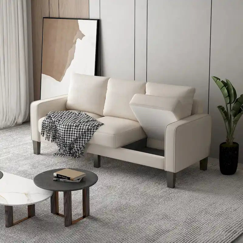 Canapé moderne en tissu trois places avec accoudoirs carrés et rangement sous l’assise