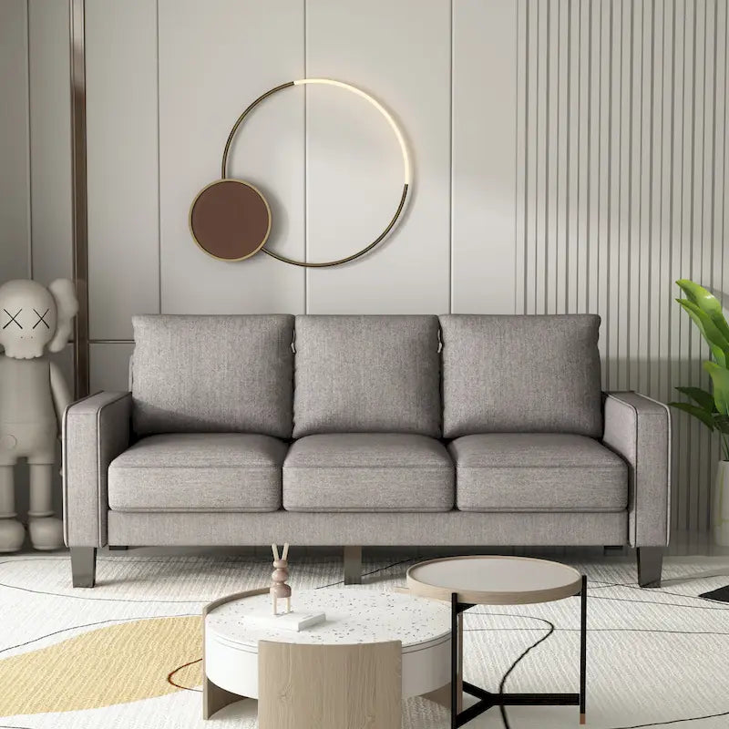 Canapé moderne en tissu trois places avec accoudoirs carrés et rangement sous l’assise