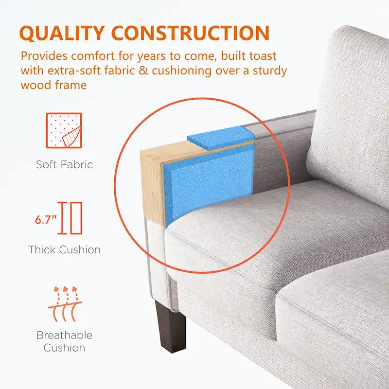 Canapé moderne en tissu trois places avec accoudoirs carrés et rangement sous l’assise