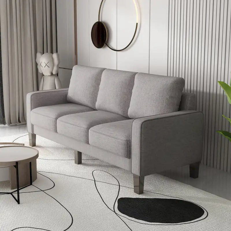 Canapé moderne en tissu trois places avec accoudoirs carrés et rangement sous l’assise