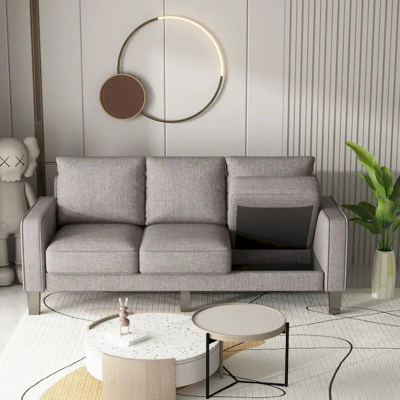 Canapé moderne en tissu trois places avec accoudoirs carrés et rangement sous l’assise