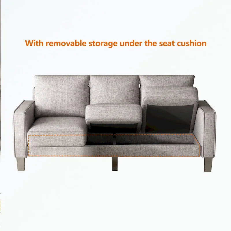 Canapé moderne en tissu trois places avec accoudoirs carrés et rangement sous l’assise
