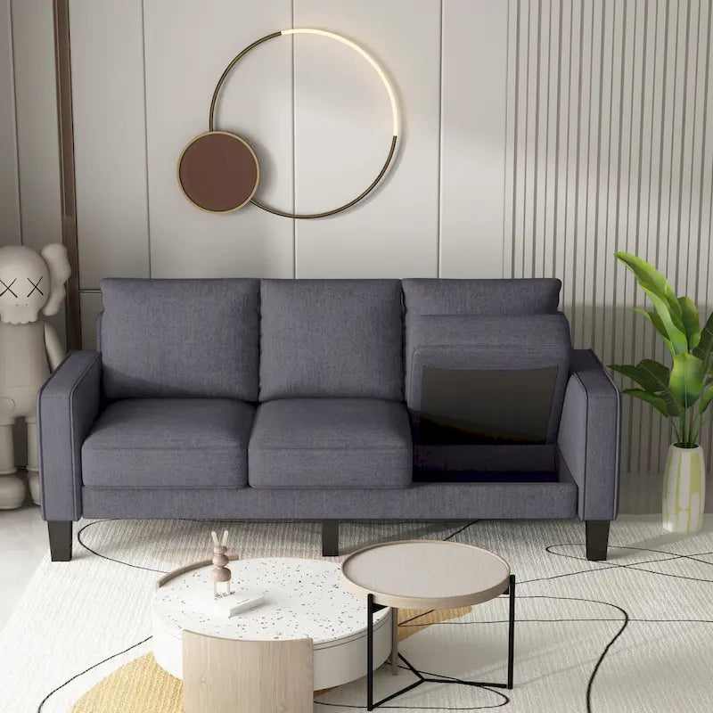 Canapé moderne en tissu trois places avec accoudoirs carrés et rangement sous l’assise
