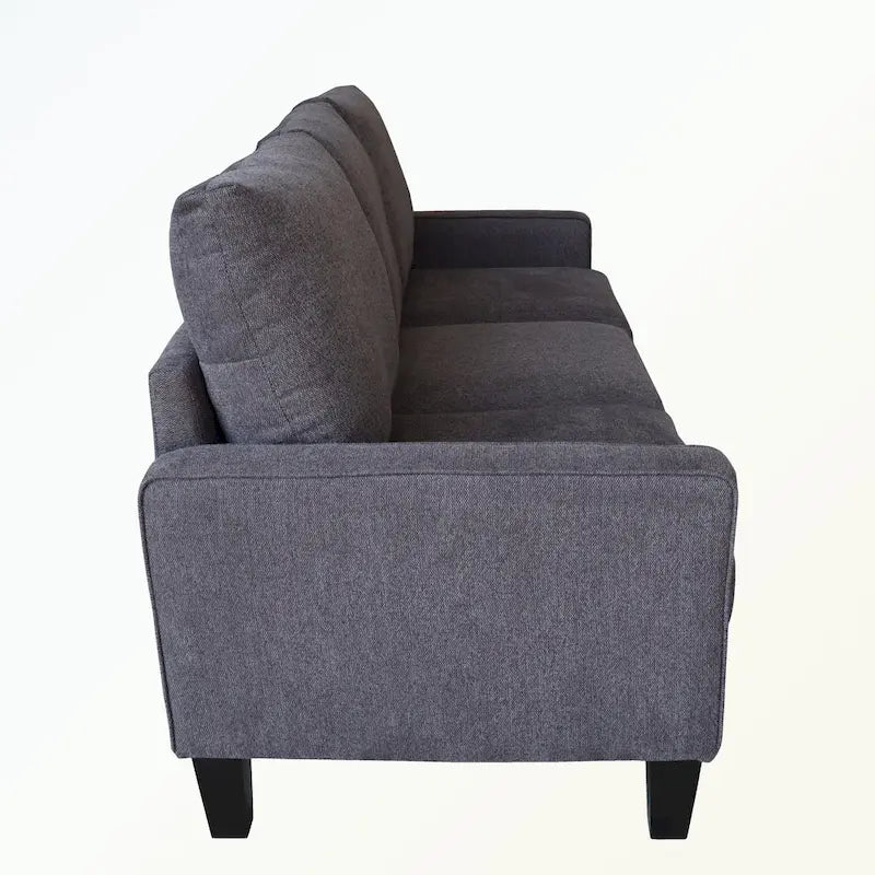 Canapé moderne en tissu trois places avec accoudoirs carrés et rangement sous l’assise