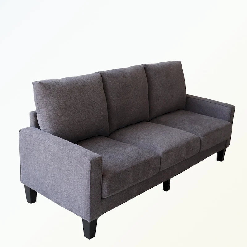 Canapé moderne en tissu trois places avec accoudoirs carrés et rangement sous l’assise