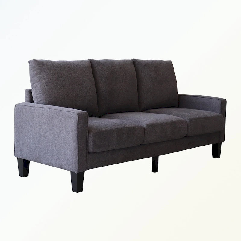 Canapé moderne en tissu trois places avec accoudoirs carrés et rangement sous l’assise