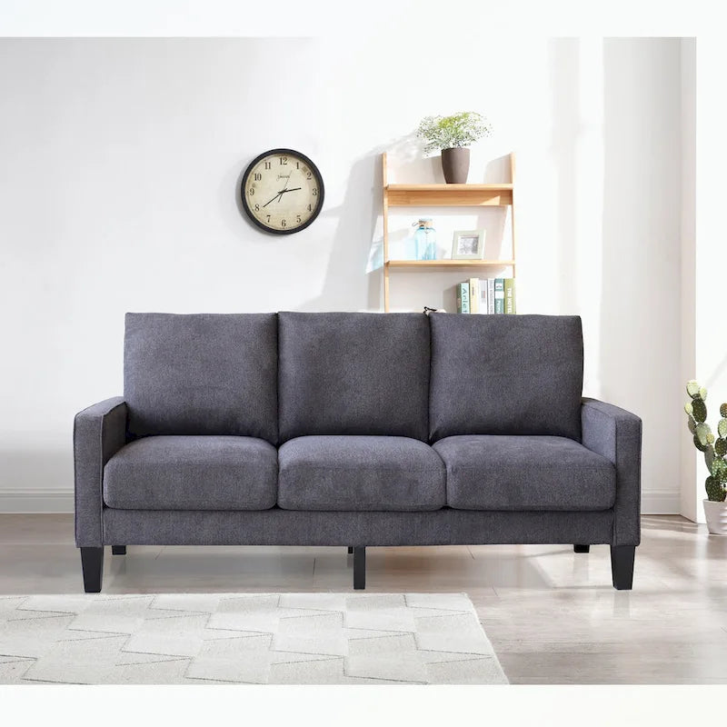Canapé moderne en tissu trois places avec accoudoirs carrés et rangement sous l’assise