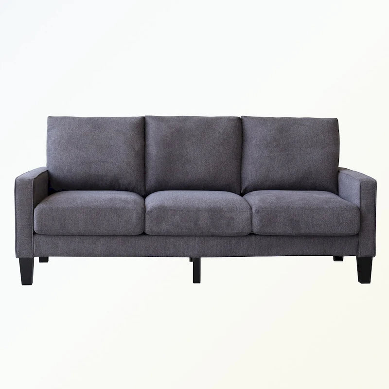 Canapé moderne en tissu trois places avec accoudoirs carrés et rangement sous l’assise