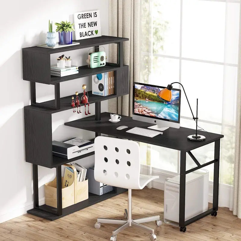 Modern Home Office Desk with Open Bookshelf and Metal Frame
