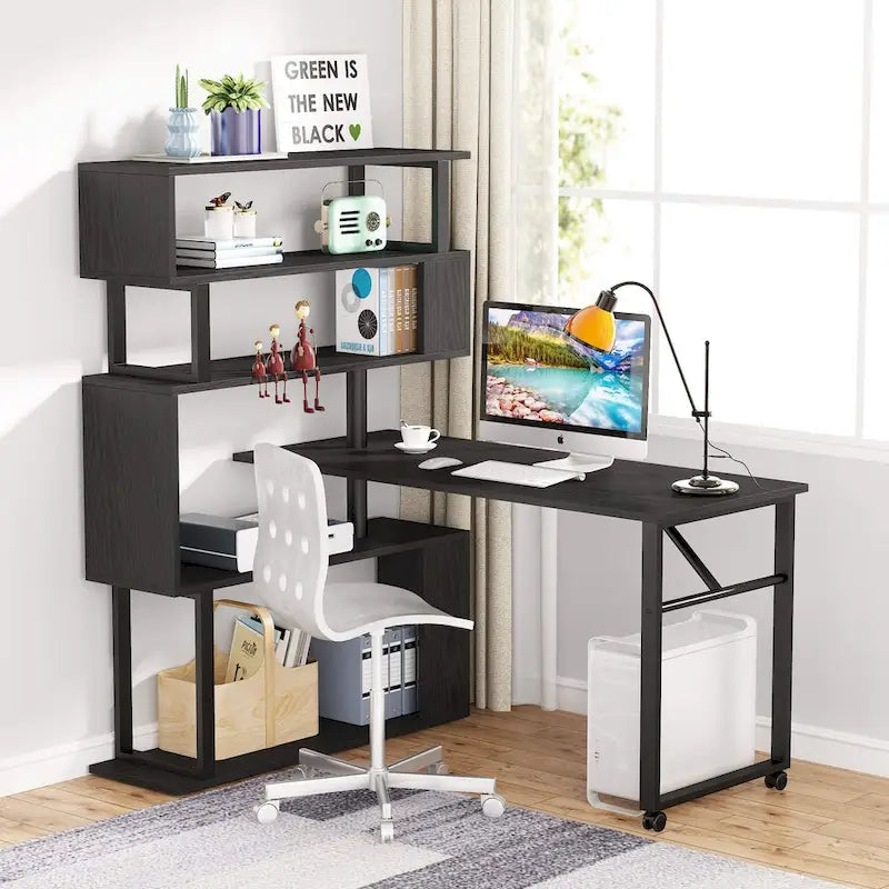 Modern Home Office Desk with Open Bookshelf and Metal Frame