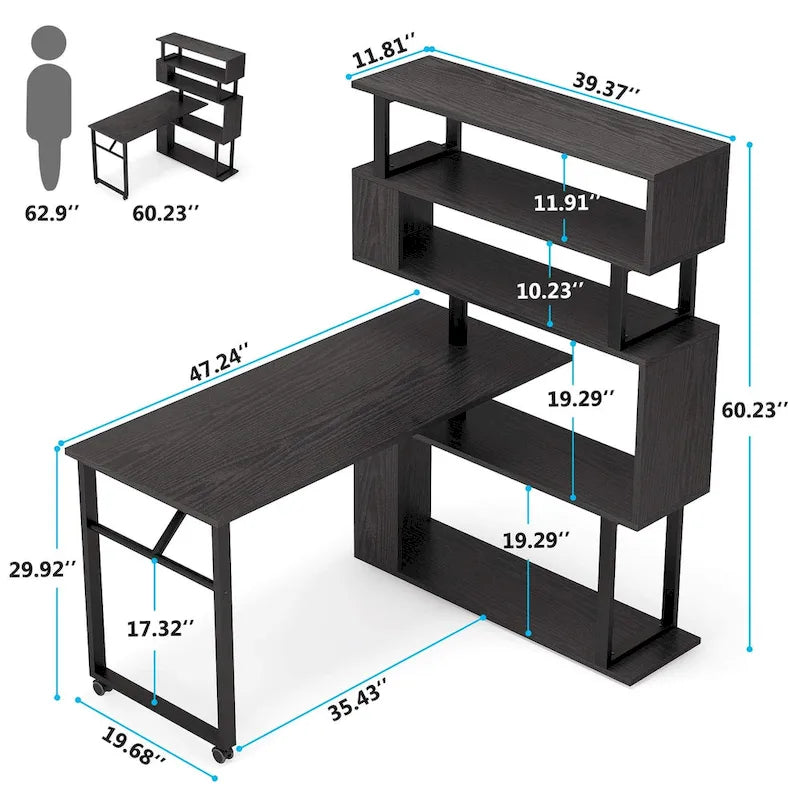 Modern Home Office Desk with Open Bookshelf and Metal Frame