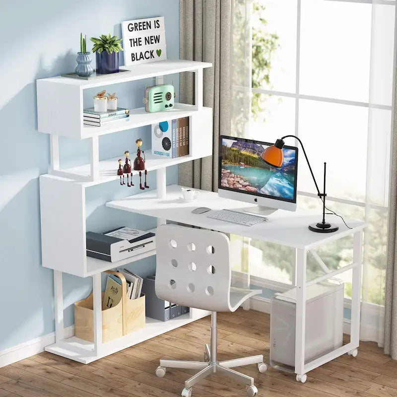 Modern Home Office Desk with Open Bookshelf and Metal Frame