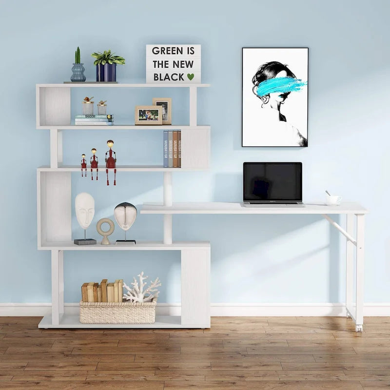 Modern Home Office Desk with Open Bookshelf and Metal Frame