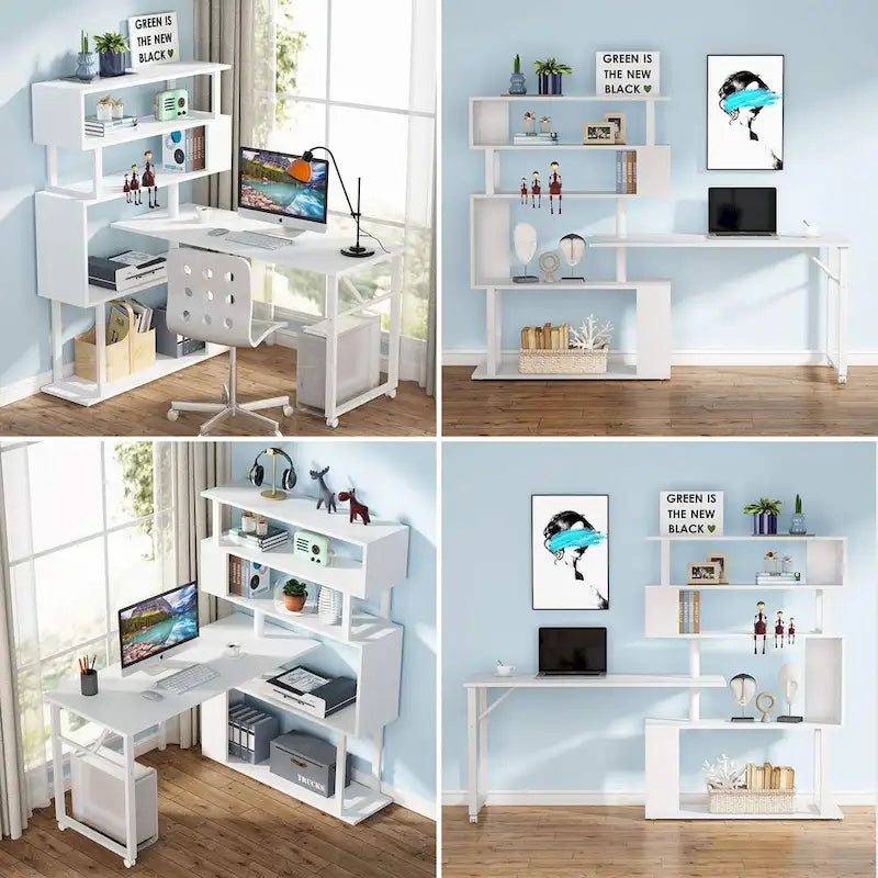 Modern Home Office Desk with Open Bookshelf and Metal Frame