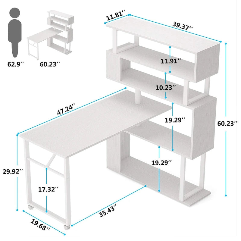 Modern Home Office Desk with Open Bookshelf and Metal Frame