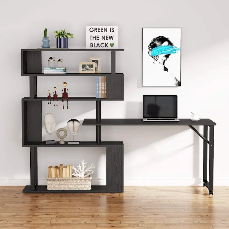 Modern Home Office Desk with Open Bookshelf and Metal Frame