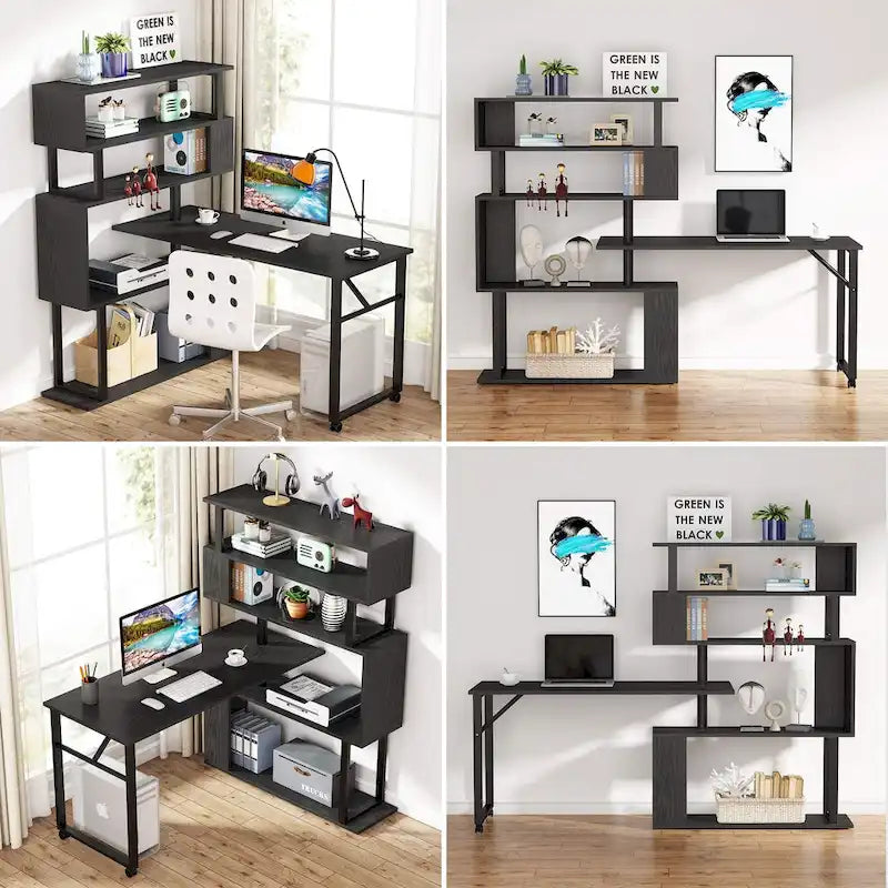 Modern Home Office Desk with Open Bookshelf and Metal Frame