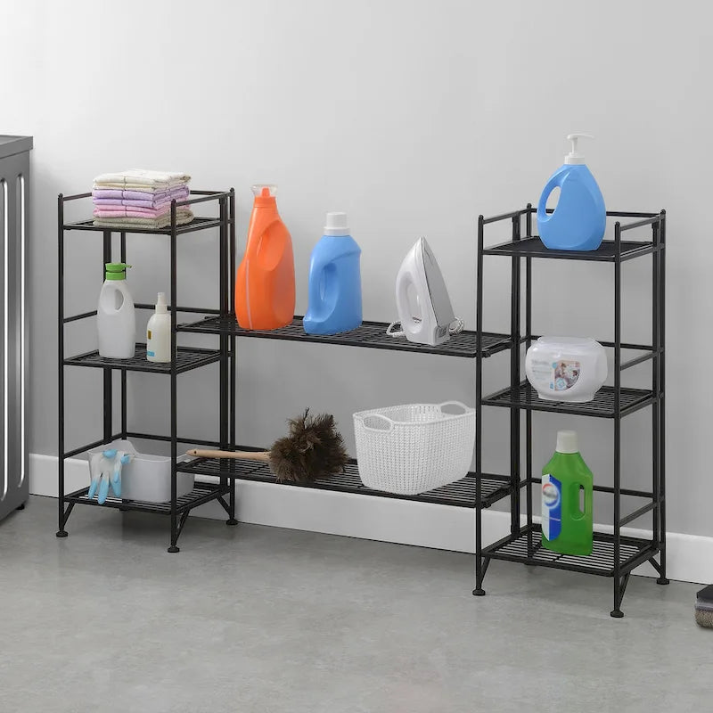 Xtra Storage 3 Tier Folding Metal Shelves with Set of 2 Deluxe Extension Shelves