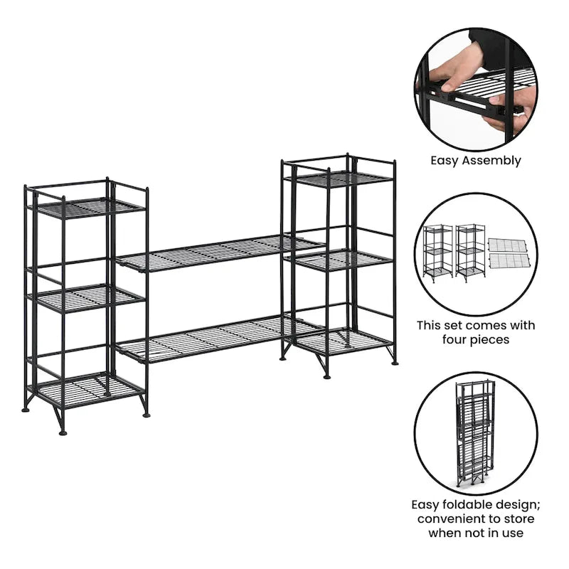Modern Three-Tier Folding Metal Storage Shelf with Adjustable Leveling Feet