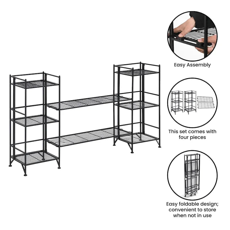 Modern Three-Tier Folding Metal Storage Shelf with Adjustable Leveling Feet