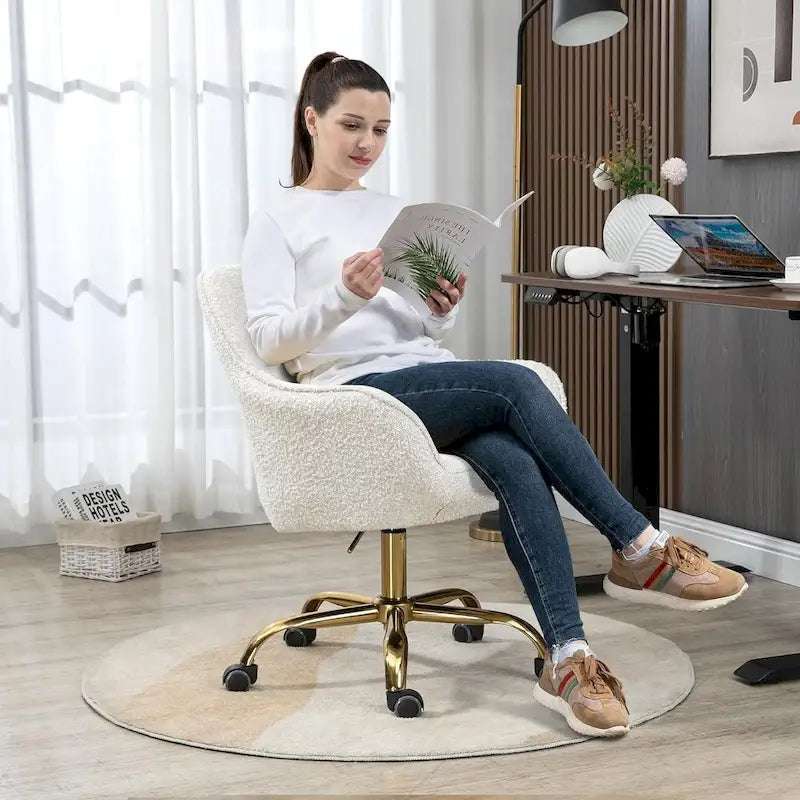 Modern Upholstered Swivel Office Chair with Arms and Gold Base
