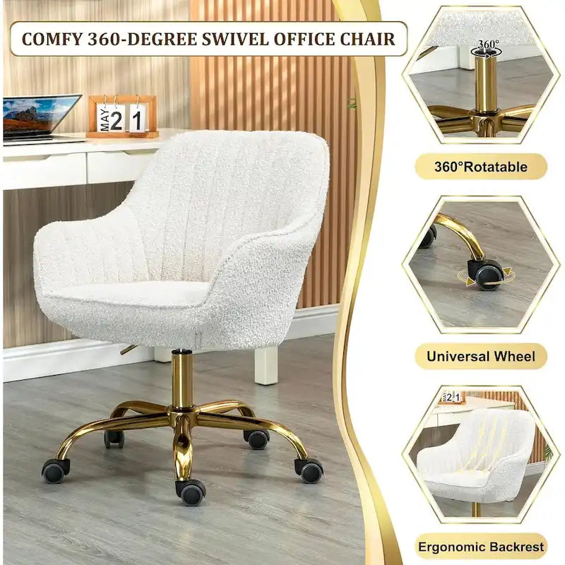 Modern Upholstered Swivel Office Chair with Arms and Gold Base