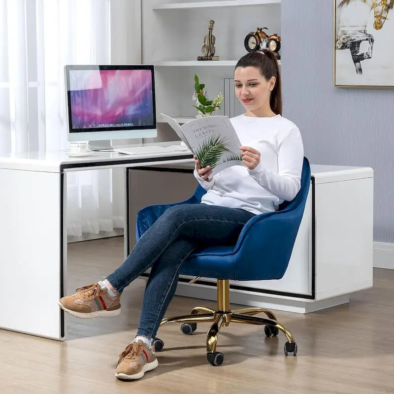 Modern Upholstered Swivel Office Chair with Arms and Gold Base