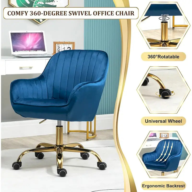 Modern Upholstered Swivel Office Chair with Arms and Gold Base