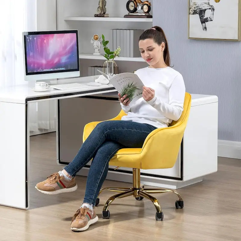 Modern Upholstered Swivel Office Chair with Arms and Gold Base