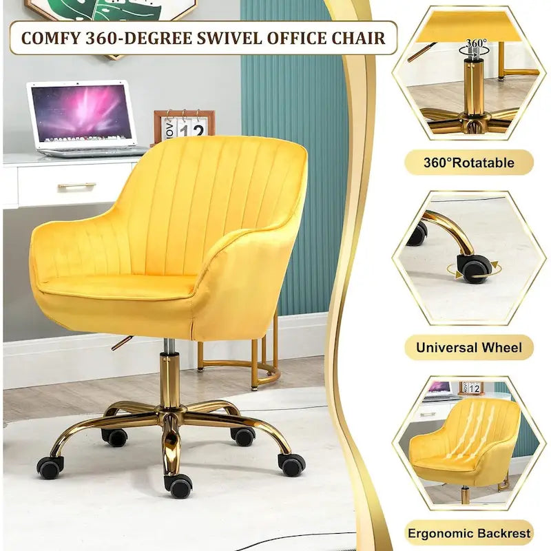 Modern Upholstered Swivel Office Chair with Arms and Gold Base
