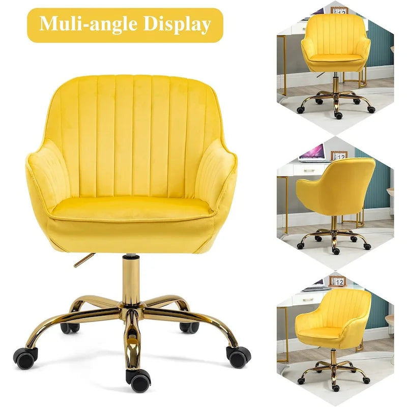 Modern Upholstered Swivel Office Chair with Arms and Gold Base