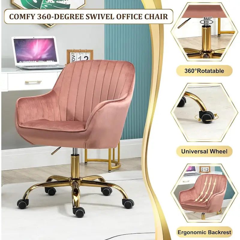 Modern Upholstered Swivel Office Chair with Arms and Gold Base