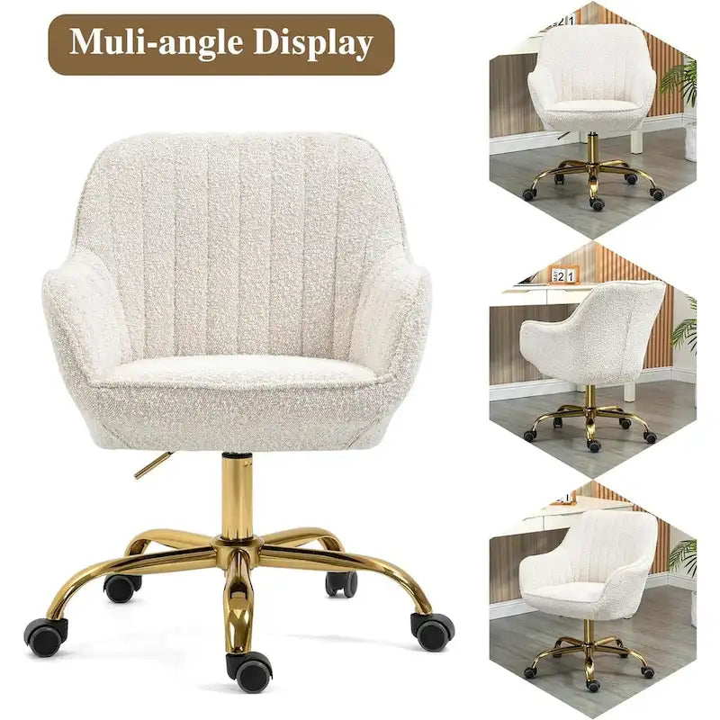 Modern Upholstered Swivel Office Chair with Arms and Gold Base