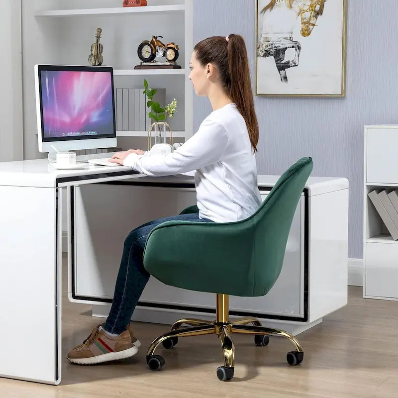 Modern Upholstered Swivel Office Chair with Arms and Gold Base