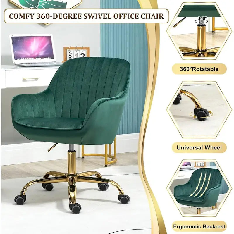 Modern Upholstered Swivel Office Chair with Arms and Gold Base