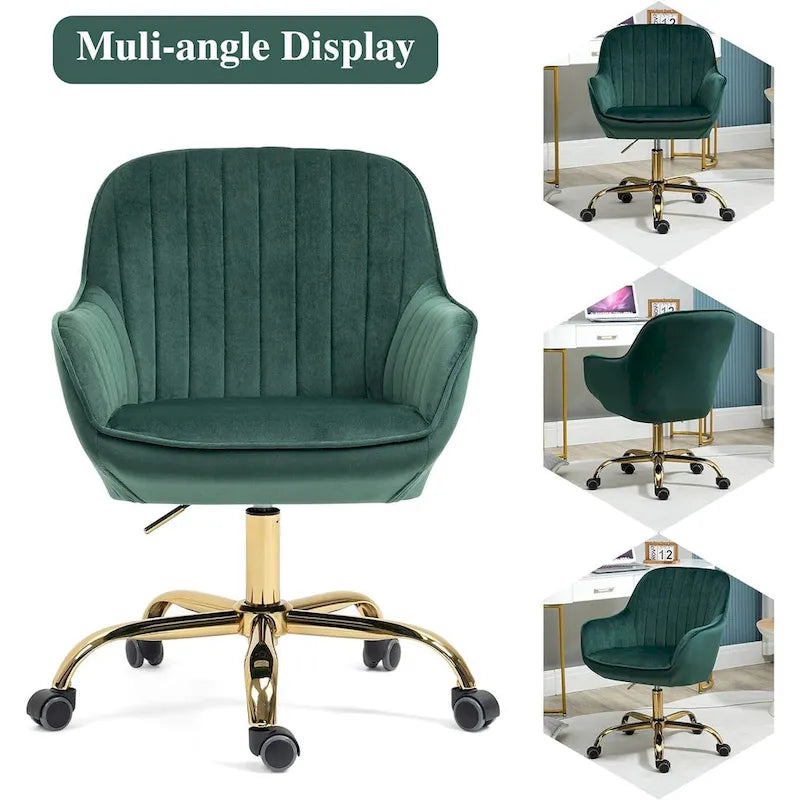 Modern Upholstered Swivel Office Chair with Arms and Gold Base