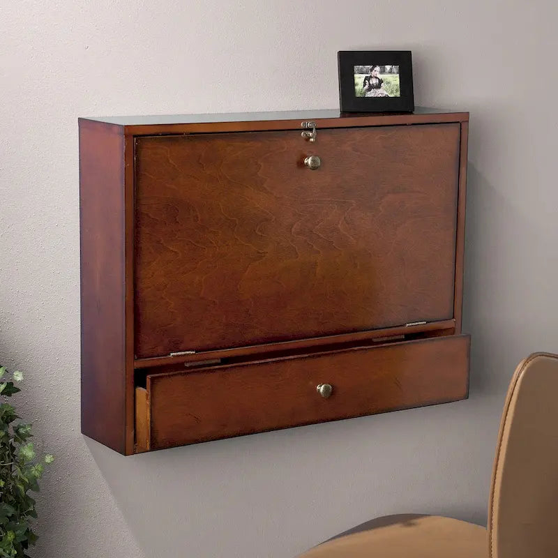 Brown Mahogany Wall Mounted Folding Laptop Desk with Storage Drawer