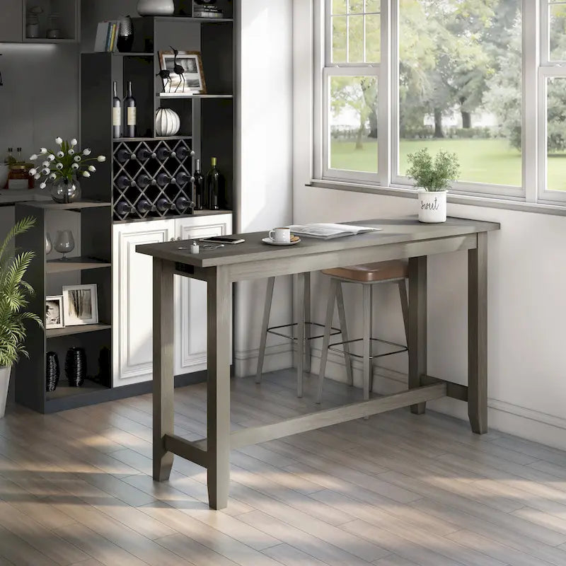 Mesa de jantar contemporânea retangular, de altura de balcão, com tomada elétrica integrada