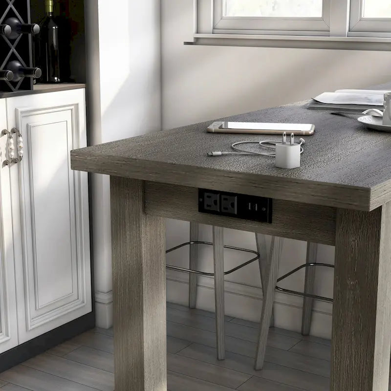 Mesa de jantar contemporânea retangular, de altura de balcão, com tomada elétrica integrada