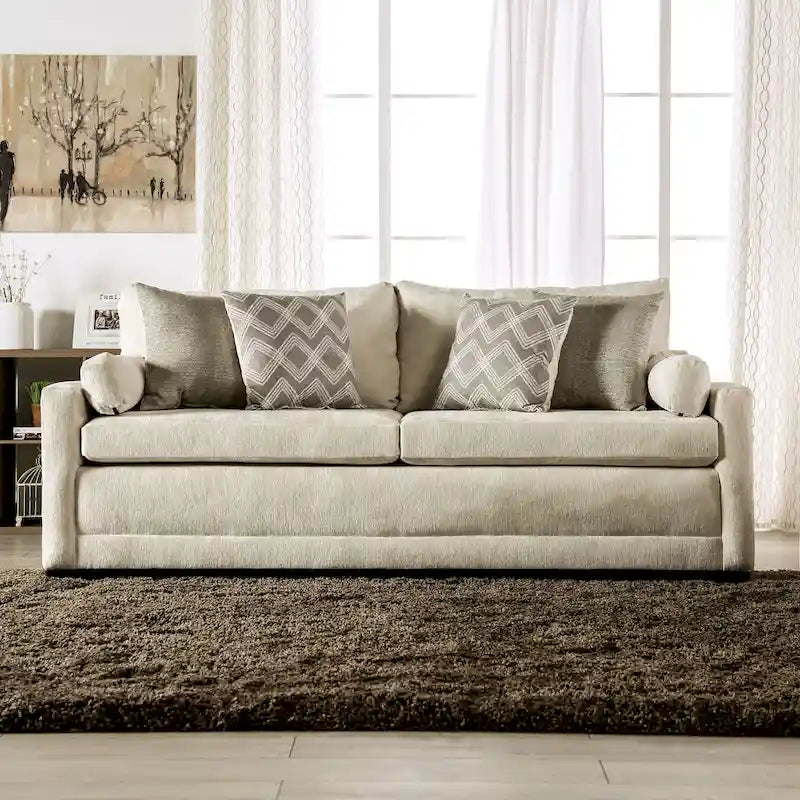 Breward Transitional Beige Chenille Upholstered Sofa with Pillows by Furniture of America